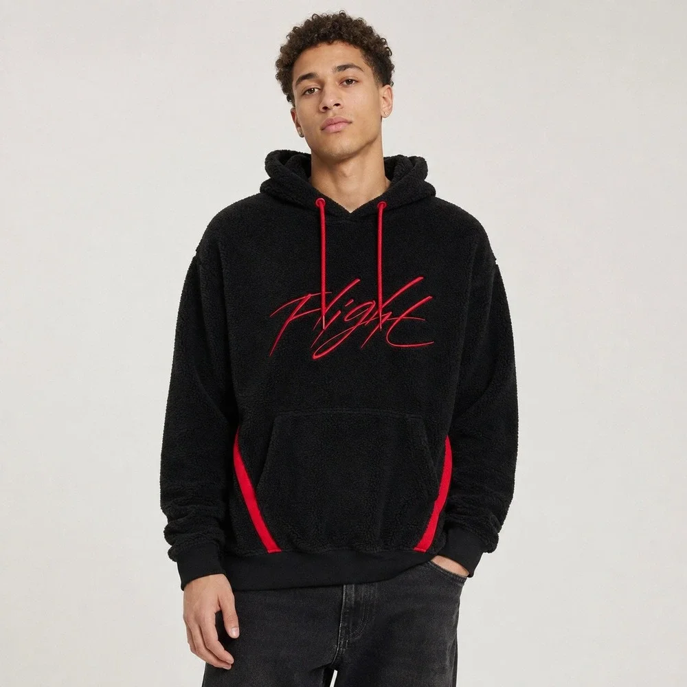 Jordan Flight Sherpa Fleece Hoodie Mens Large Black Red Pullover Streetwear Y2K